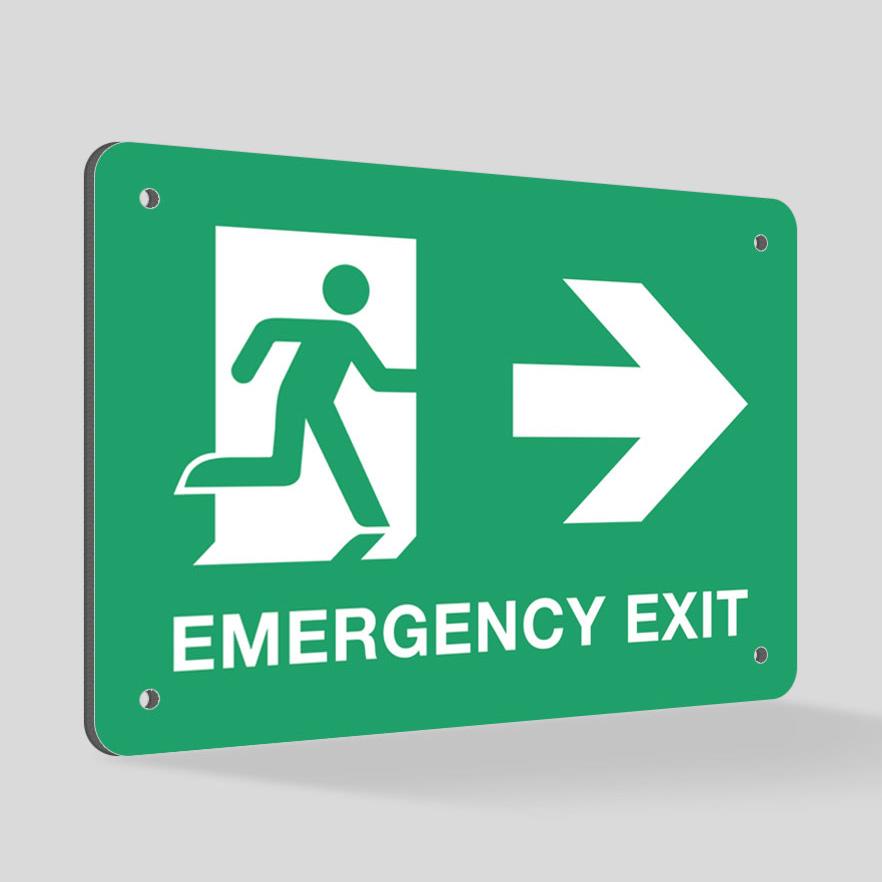 A green aluminium composite emergency exit sign with a white graphic of a figure running towards a door and text reading 'EMERGENCY EXIT'. The sign has a right-pointing arrow.