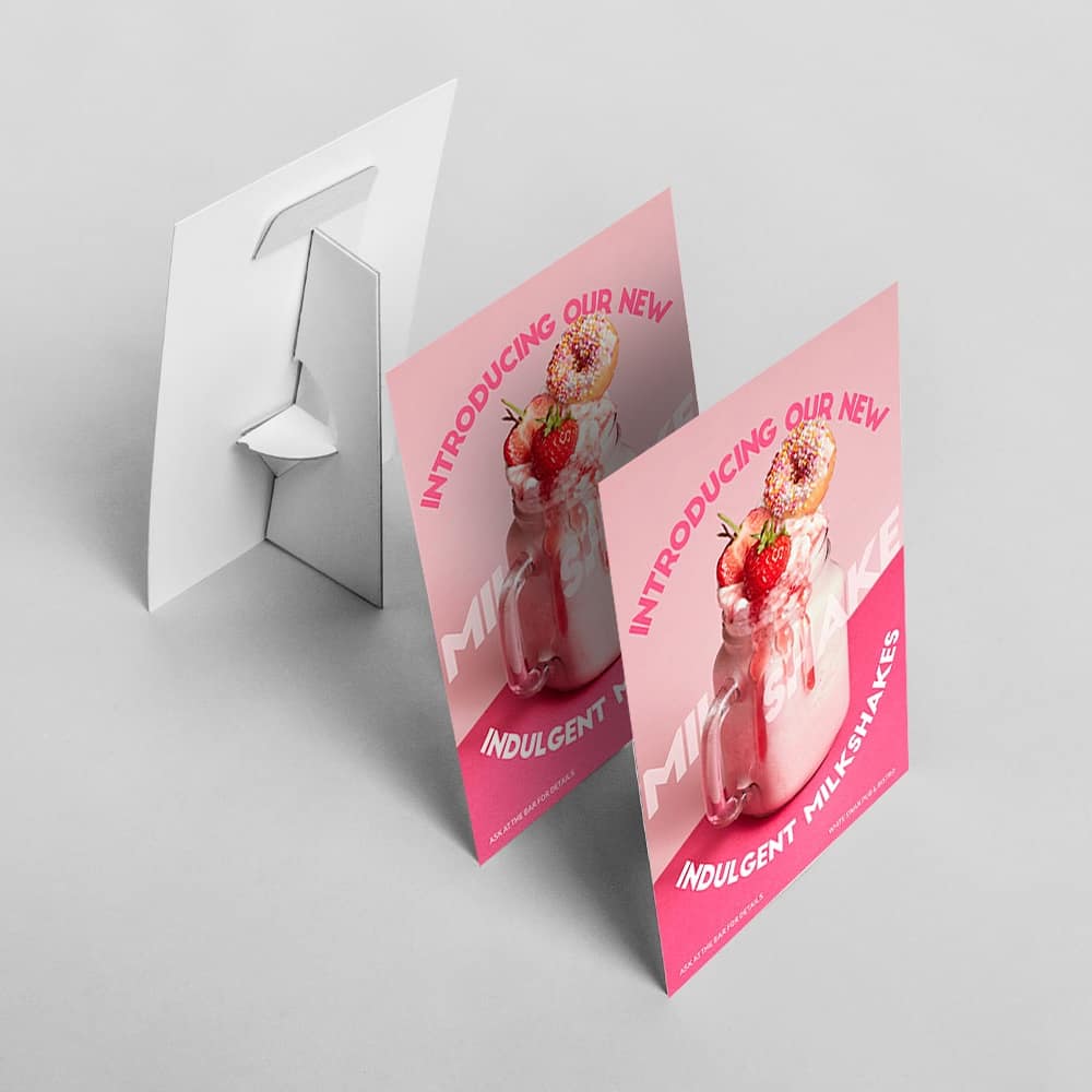 Strut Cards with a pink background 
and image of milkshakes for a cafe